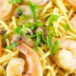 Sesame Shrimp Noodles - Easy and delicious weeknight dinner idea. Shrimp and mushrooms tossed together with egg noodles with a delicious sesame sauce. Definitely a crowd pleaser
